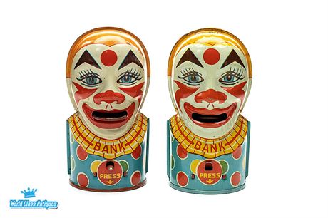 Two Original J. Chein Tin Mechanical Litho Clown Banks