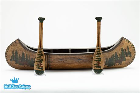 Large Wooden Model Canoe With Paddles