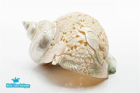 Antique Mother of Pearl Conch Shell Chinese Carving