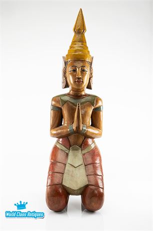 Vintage Thai/Southeast Asian Wood Carving Figure Kneeling and Praying