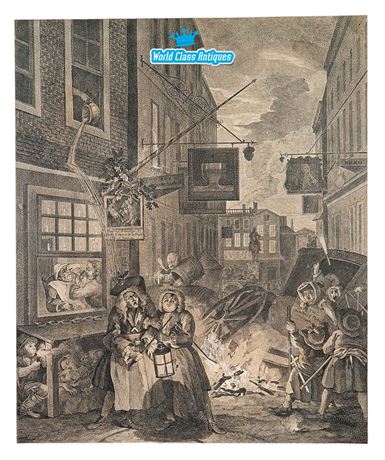 Antique Engraving by William Hogarth - Night: The Four Times of Day