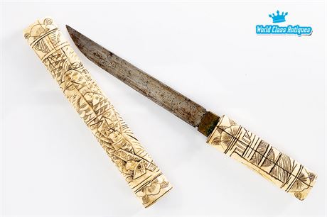 Antique Tanto-Style Knife, Carved Bone Handle And Scabbard