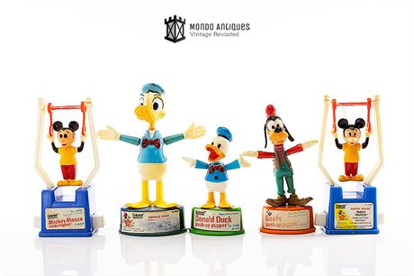 Lot of 5 Vintage Push-Up Toys - Walt Disney Goofy, Donald Duck, Mickey Mouse