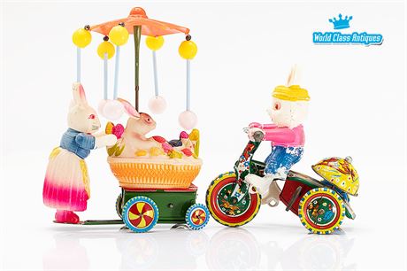 Vintage Japan Wind-up Toys: Celluloid Easter Bunny Cart, Rabbit Riding Tin Bike