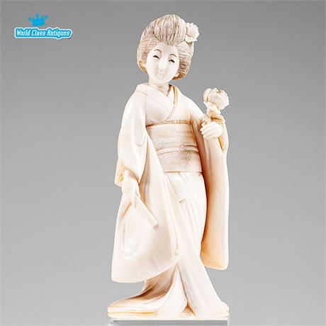 Exquisite Okimono Ivory Figurine: Graceful Geisha Holding a Rose