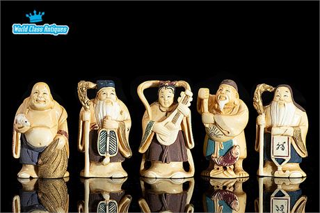 Japanese Ivory Carved Netsuke, Council Of 5 Elders, Early 20th Century