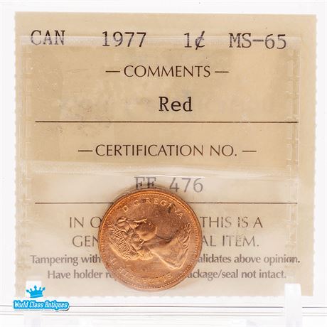 1977 Canada One Cent ICCS Graded MS-65 Red