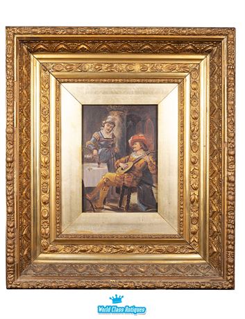 The Lute Player - 19th Century Oil Painting, Original Frame