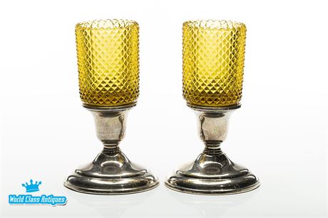 Pair of Vintage Birks Sterling Silver Candle Holders - Original Amber Tea Lights