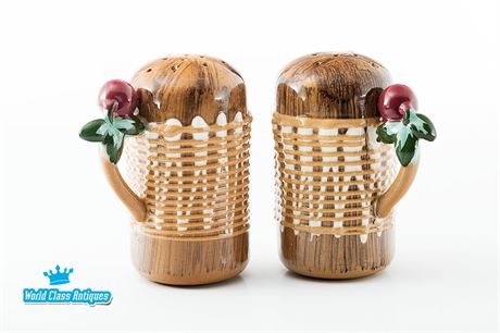 Vintage Large Salt & Pepper Shakers, Cherries Basket. Made in Japan.