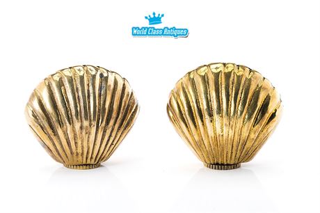 Vintage Brass Salt Pepper Shakers Clam Shell Shaped