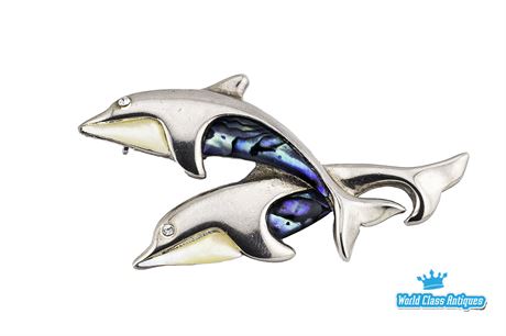 Vintage Silver Tone Brooch Mother & Baby Dolphins