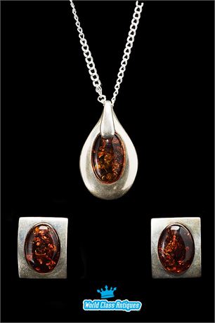 Vintage Sterling Silver and Baltic Amber Cabochon Pendant & Art Deco Earings Set