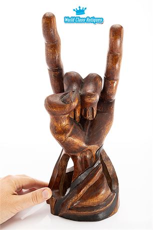 Vintage Wooden 'Rock On' Hand Sculpture